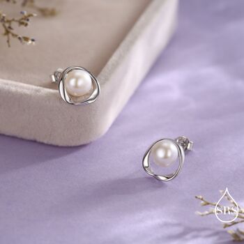 Genuine Pearl And Mobius Circle Stud Earrings In Sterling Silver, 2 of 12