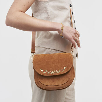 Tan Floral Faux Suede Embroidered Saddle Bag, 3 of 9