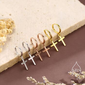Sterling Silver Minimalist Cross Huggie Hoop Earrings, 8 of 12
