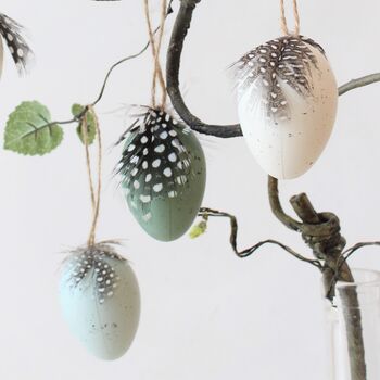 Set Of Six Speckled Feather Hanging Easter Eggs, 3 of 5