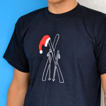 Christmas Skis In Santa Hat T Shirt, 3 of 3