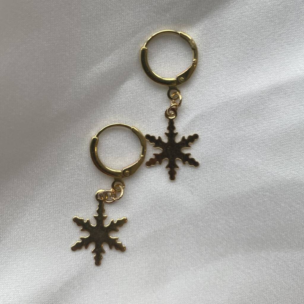 Gold Plated Snowflake Huggie Hoop Christmas Earrings, 1 of 3