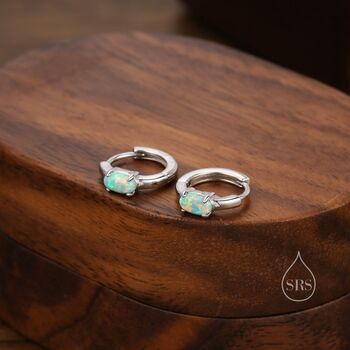 Sterling Silver Oval Green Opal Huggie Hoop Earrings, 3 of 11