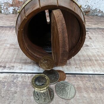 Small Wooden Whiskey Barrel Money Box, 3 of 5