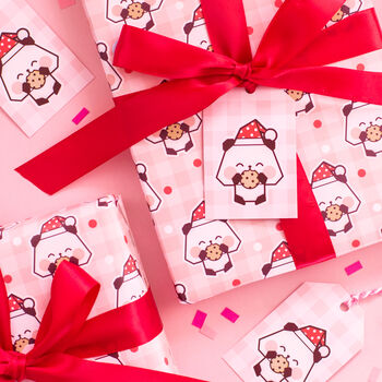 Gingham Panda Claus Christmas Wrapping Paper Set, 2 of 5