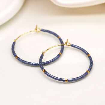 Gold Plated Open Hoop Earrings With Blue / Gold Beads, 3 of 4