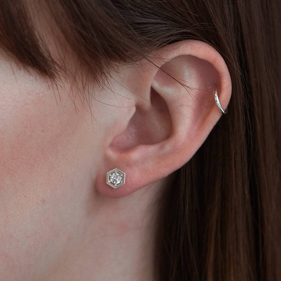 Sterling Silver Hexagon Cubic Stud Earrings By Dose Of Rose