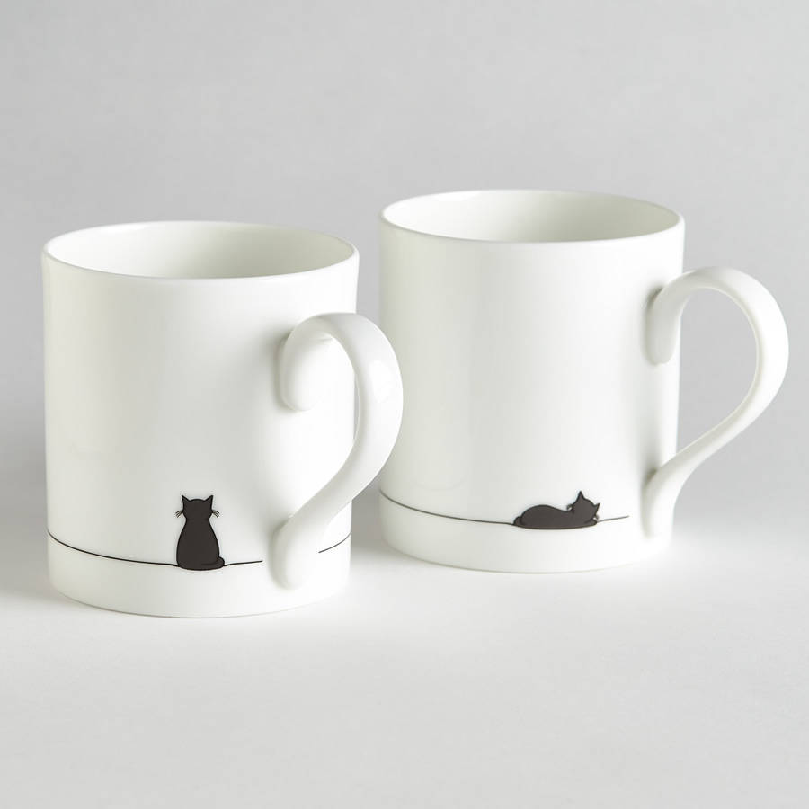 Sitting Cat And Sleeping Cat Mug, Set Of Two By Jin Designs