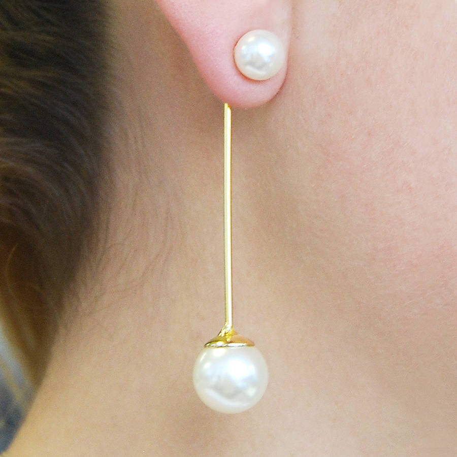 Gold Plated Double Pearl Two Way Drop Earrings, 1 of 7