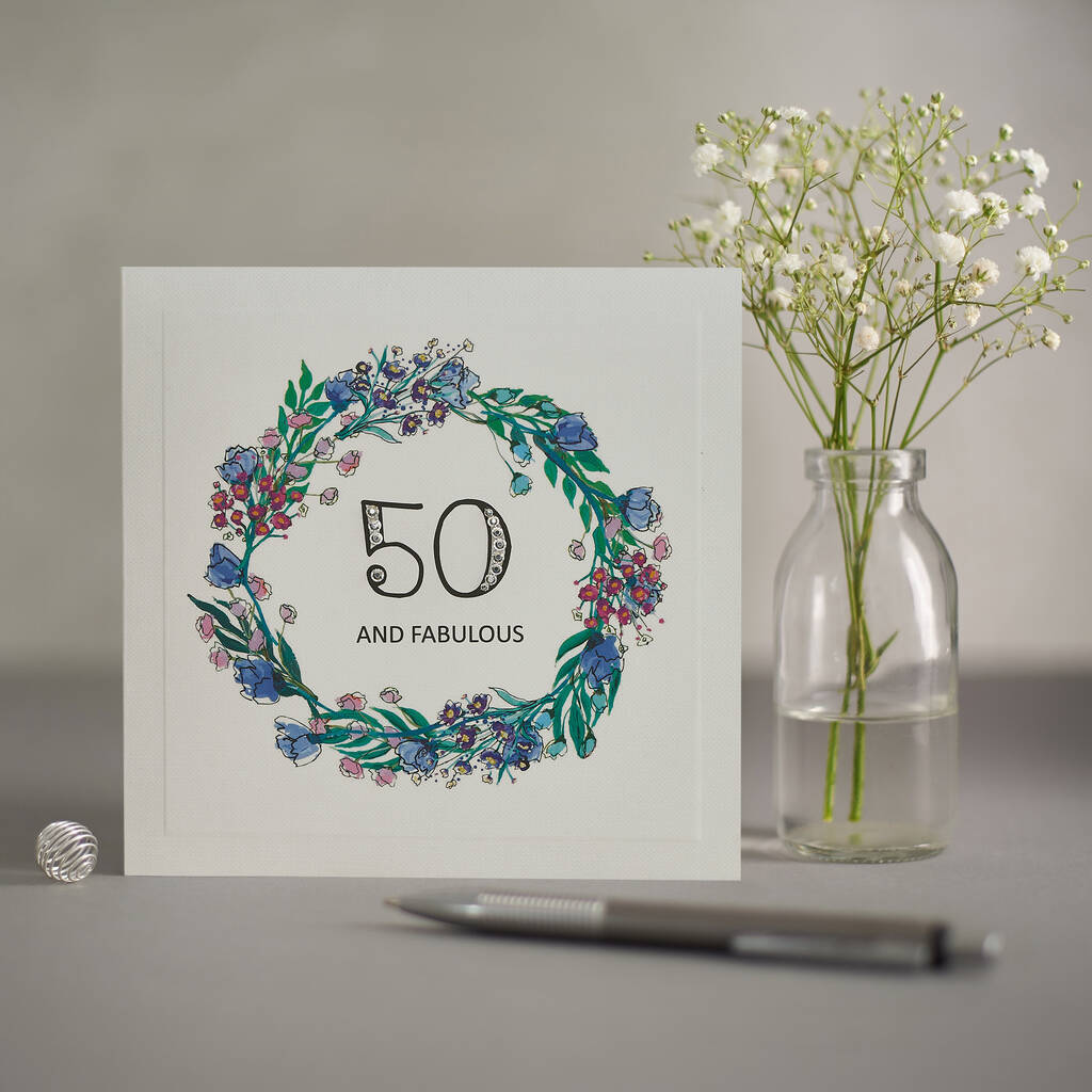 Handmade Floral Crystal 50th Birthday Card