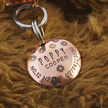 Dog ID Tag. Personalised Domed Copper Disc With Flowers, 2 of 10