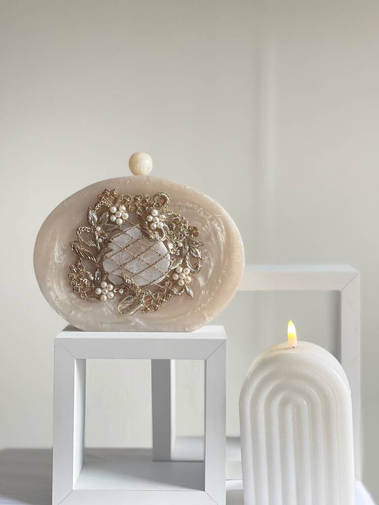 Islamabad Resin Off White Oval Embellished Stone Clutch Bag, 1 of 6