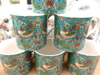 Set Of Six Palace Mugs In William Morris Teal Strawberry Thief Design, 5 of 12