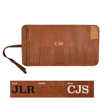 Personalised Brown Leather Knife Roll With Zip Pocket, 8 of 10