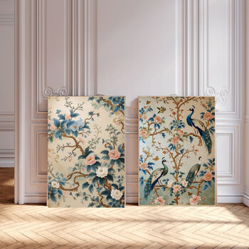 Set Of Two Chinoiserie Golden Floral Bird Art Prints, 2 of 4