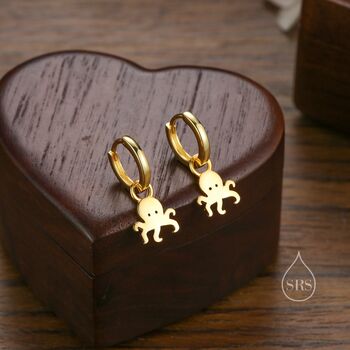 Sterling Silver Cute Octopus Dangle Huggie Hoops, 2 of 10