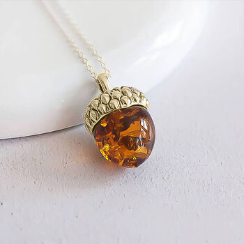 18ct Gold Plated Baltic Amber Acorn Necklace, 2 of 10