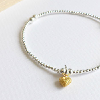 Sterling Silver Tiny Gold Frosted Heart Beaded Bracelet, 3 of 4