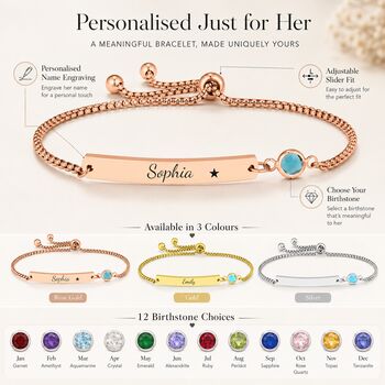 Personalised Curve Bar Birthstone Bracelet Engrave Name Symbols, 4 of 12