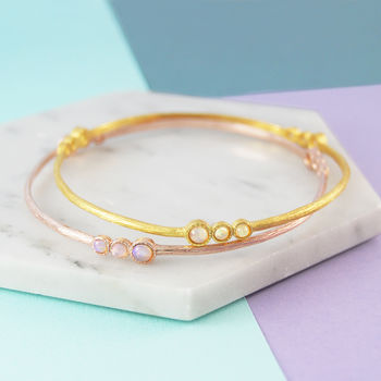 Opal Triple Stone Rose/Gold Plated Birthstone Bangle, 2 of 3