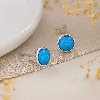Sterling Silver Blue Opal Stud Earrings: October Birthstone – 6mm, 8 of 9