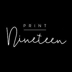white text logo that says Print Nineteen on a full black background