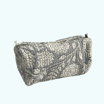 Grey Floral Block Print Cotton Washbag, Make Up Bag, With Waterproof Lining Set Of Three, 3 of 6