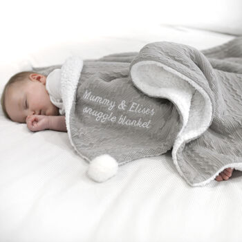 Personalised Grey Cable Knit Pom Pom Blanket, 2 of 12