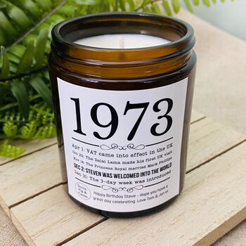Personalised 50th 1973 Timeline Birthday Amber Candle, 3 of 5