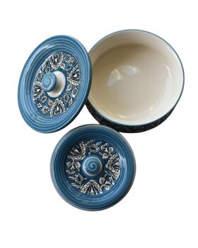Grey Floral Blue Pottery Serving Handi, 2 of 4
