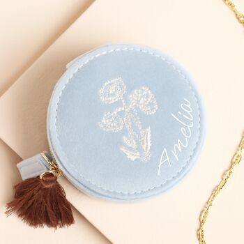 Personalised Blue Wildflower Mini Round Travel Jewellery Case, 3 of 3