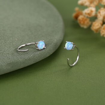 Blue Opal 4mm Open Huggie Hoop Earrings In Sterling Silver, 3 of 12