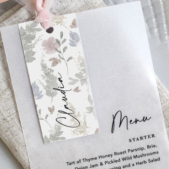 Autumnal Vellum Wedding Menu Cards With Guest Name Tags And Ribbon, 2 of 7