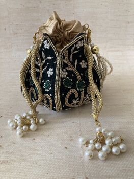 Emerald Green Velvet Potli/Wrist Bag, 4 of 10