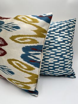 Square Ikat Silk Cushion Vibrant Blue Tile, 6 of 8