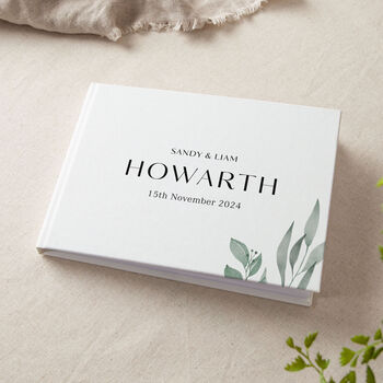 Watercolour Leaves Personalised Surname Wedding Guest Book, 2 of 3