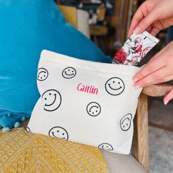 Personalised Happy Face Corduroy Make Up Bag, 3 of 6