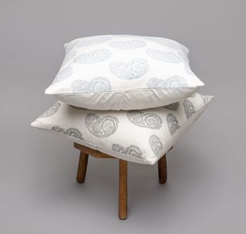 Anjuna Paisley Hand Printed Blue Cotton Cushion Cover, 8 of 8