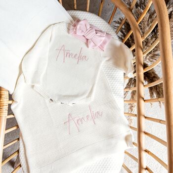 White Personalised Baby Knit Romper And Blanket Bundle, 2 of 4