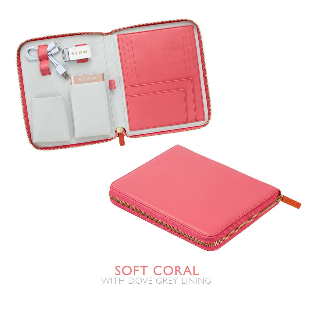 personalised luxury leather travel tech case for her by stow
