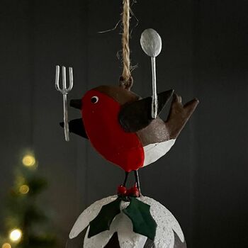 Robin On A Christmas Pudding Hanging Decoration, 2 of 2