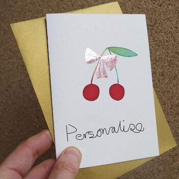 Personalised Cherry Christmas Card With Pink Gold Leaf Bow, 2 of 5