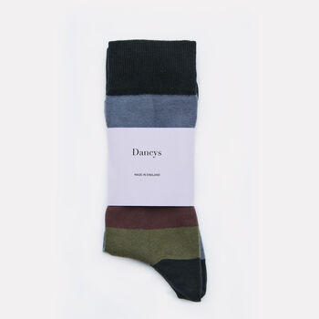 Mens Black, Blue And Khaki Block Stripe Cotton Socks, 3 of 7
