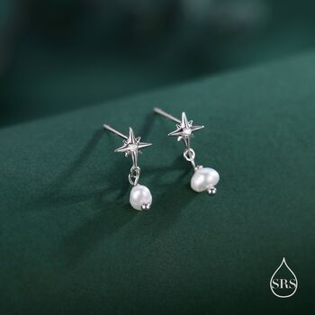 Starburst And Tiny Dangle Pearl Stud Earrings In Sterling Silver, 2 of 10