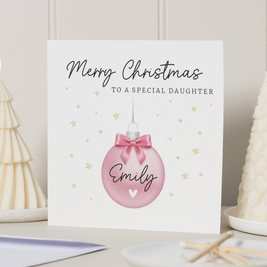 Personalised Pink Bauble Christmas Card For Daughter, 1 of 7