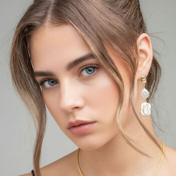 Shinju 18 K Gold Plated Square Pearl Earrings, 4 of 5