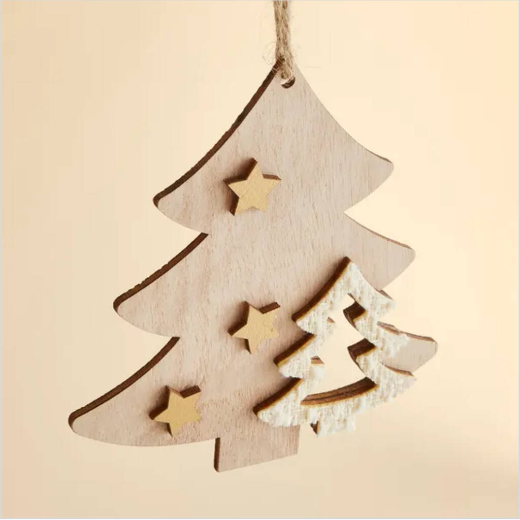 Christmas Tree Shaped Wooden Bauble Hanging Decoration, 1 of 4