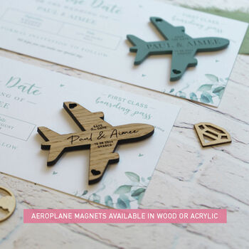 Eucalyptus Wedding Boarding Pass Save The Date With Acrylic Magnetic Plane, 3 of 5