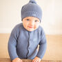 Luxury Storm Blue Bobble Hat And Cardigan Baby Gift Set, thumbnail 1 of 12