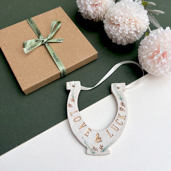 Forest Themed Love And Luck Ceramic Wedding Horseshoe, 6 of 6